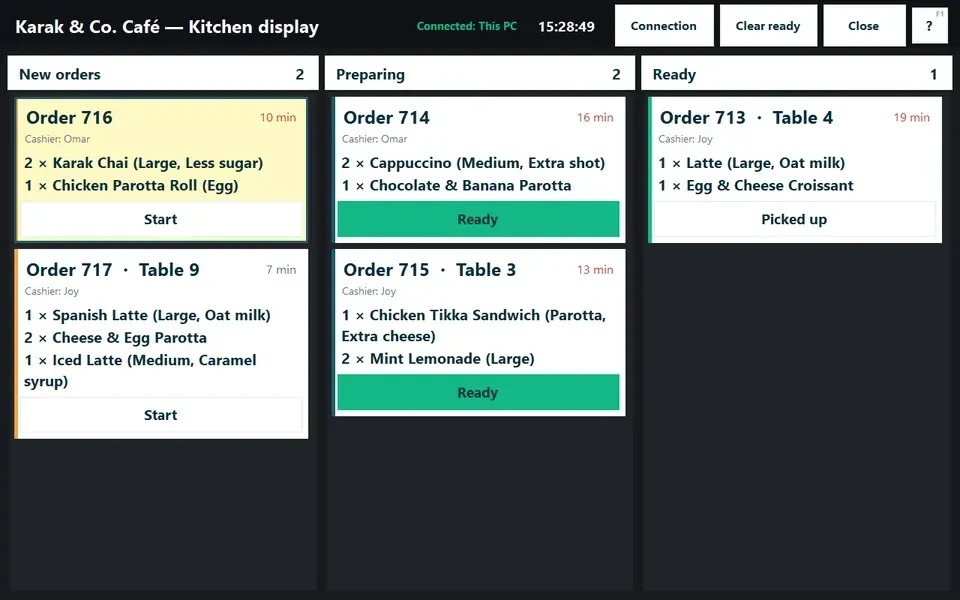 CreekPOS kitchen tickets grouped by preparation status