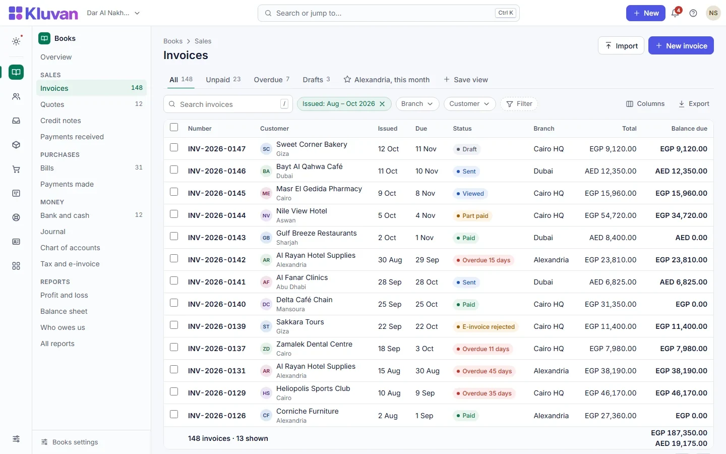 Kluvan Books invoice editor with fictional demonstration data
