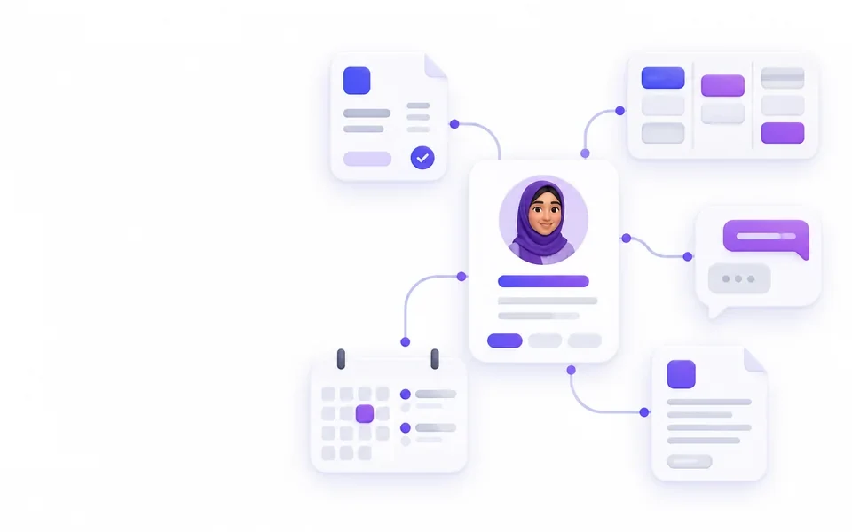 Kluvan official illustration connecting a customer, project, invoice and documents
