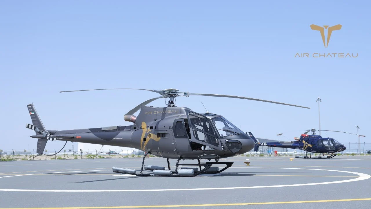 Two Air Chateau Airbus H125 helicopters at Dubai Helipark