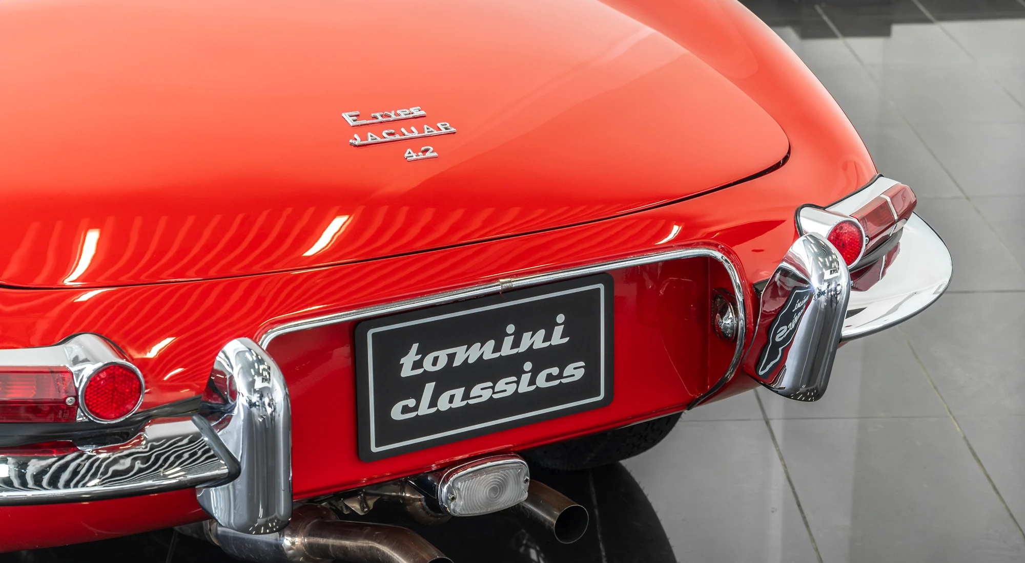 Detail of a Jaguar E-Type 4.2 rear, Tomini Classics
