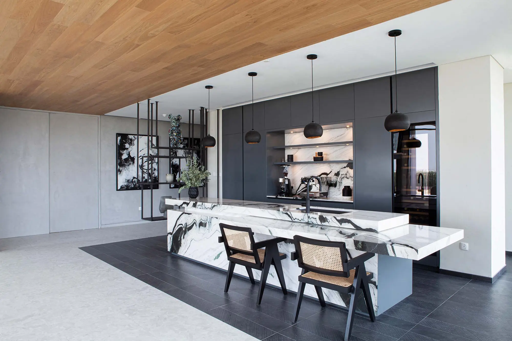 Walnut and clay kitchen, Al Barari residence