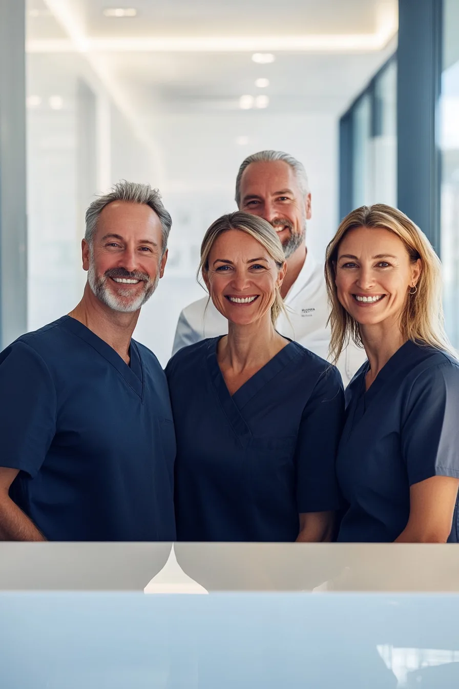 Versailles Dental Clinic team — four clinicians in navy scrubs at the operatory entrance.