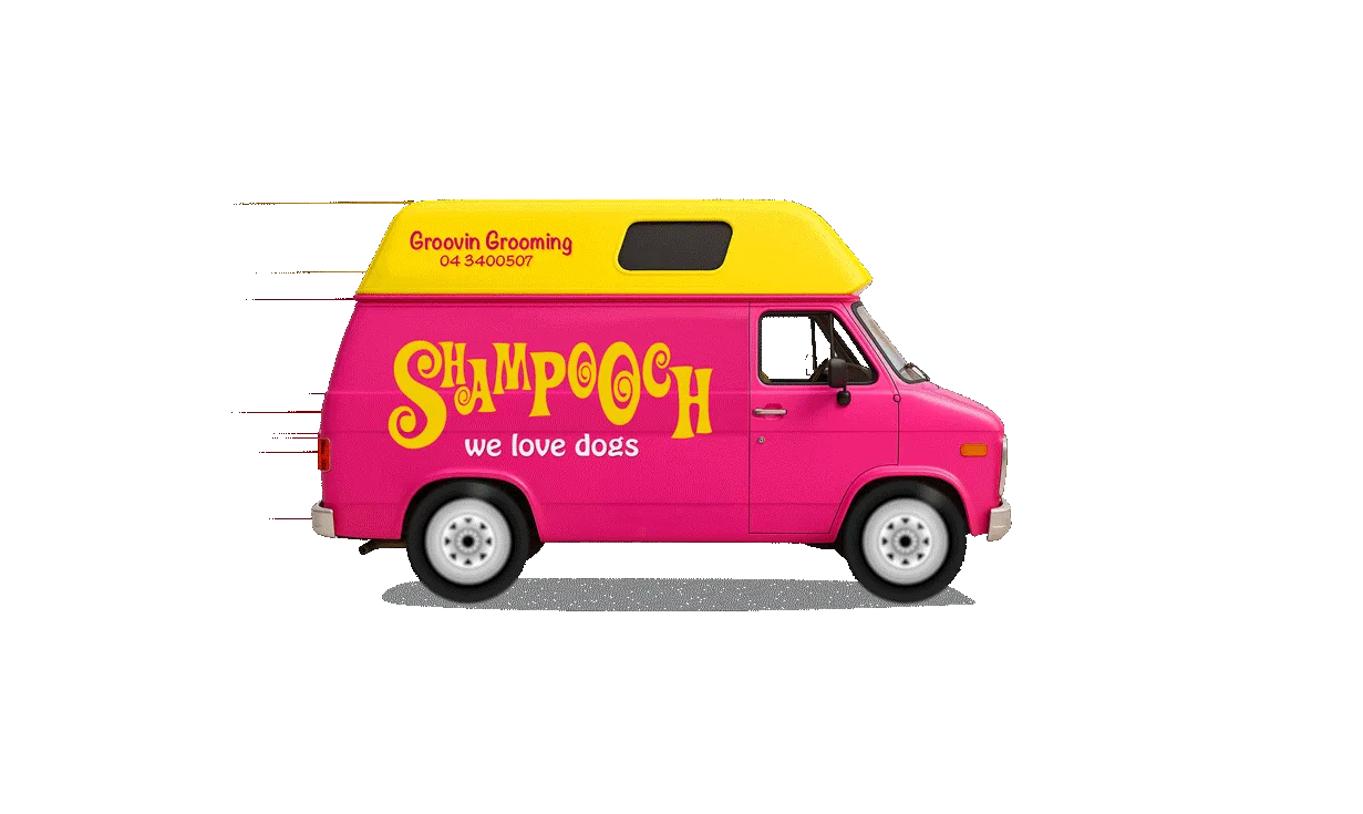 Shampooch pink and yellow mobile grooming van