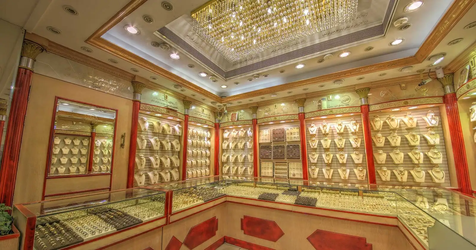 Wall displays of gold necklaces in the showroom