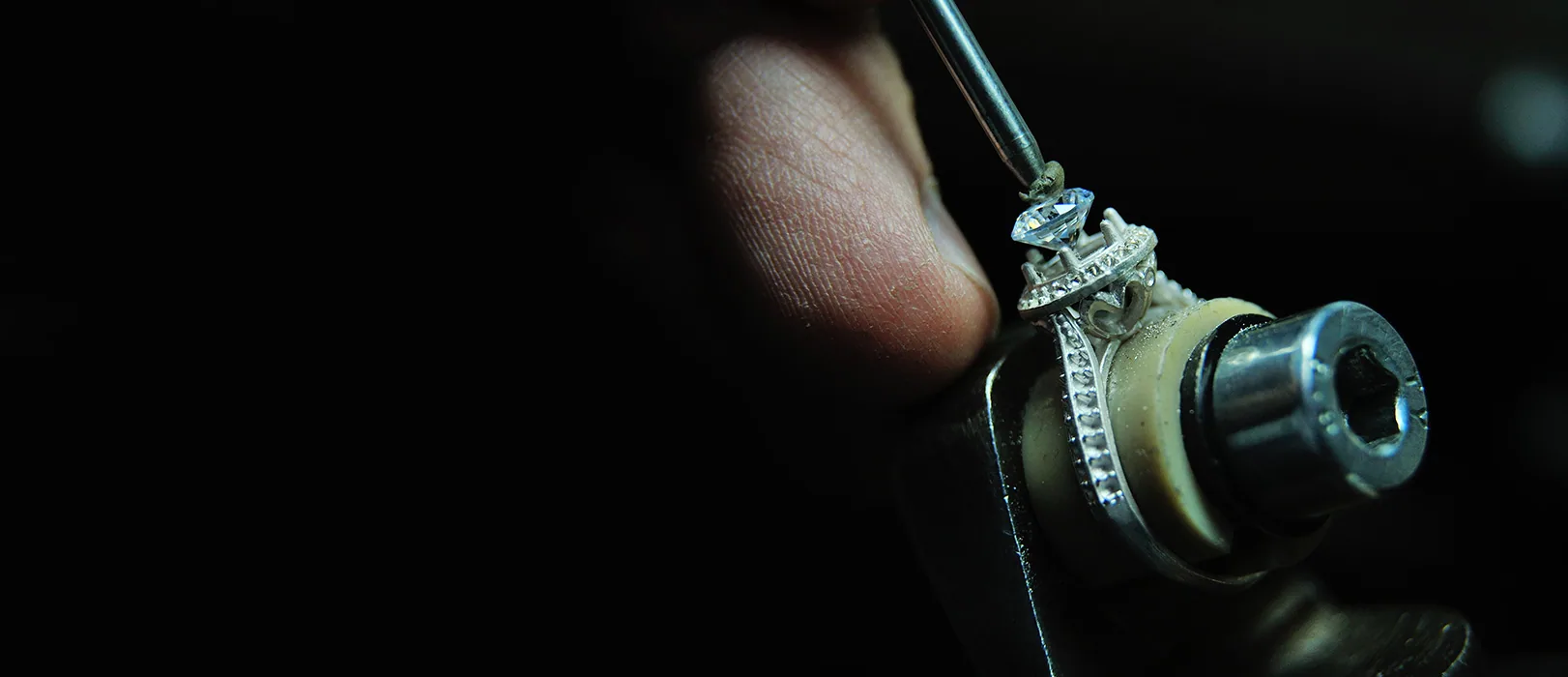 A diamond ring on the jeweller's bench