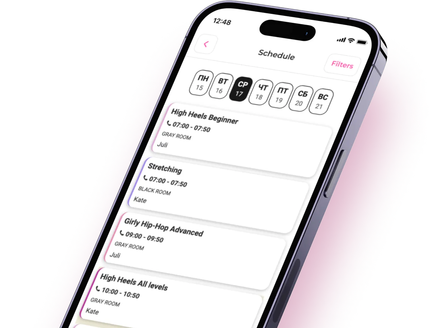 Phone showing a sample Moova Space weekly class schedule