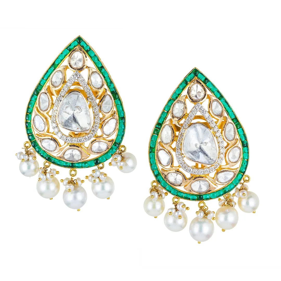 Signature Polki, diamond and pearl bridal earrings set with emeralds