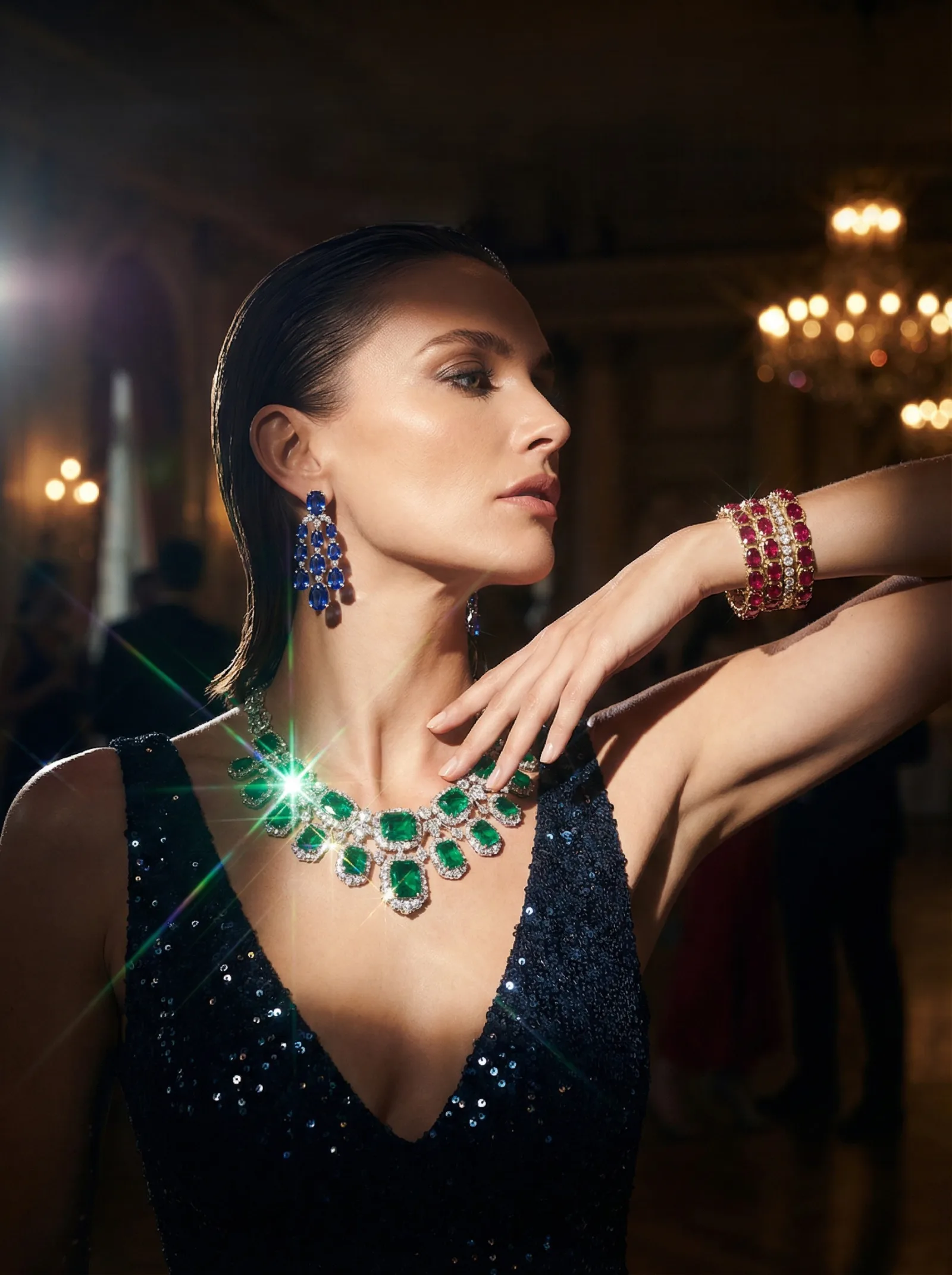 Model wearing an emerald and diamond necklace, sapphire chandelier earrings and a ruby bracelet by Dubai Jewel Factory