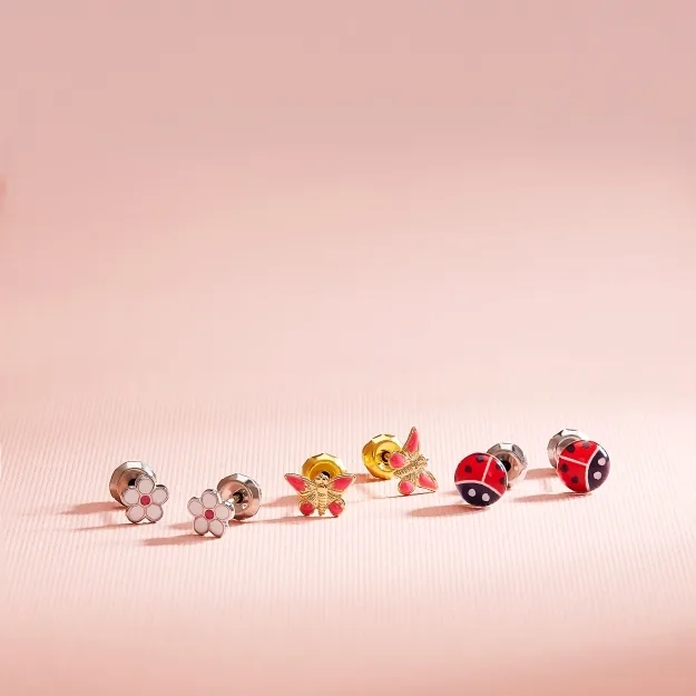 Children's enamel gold studs — flower, butterfly and ladybird
