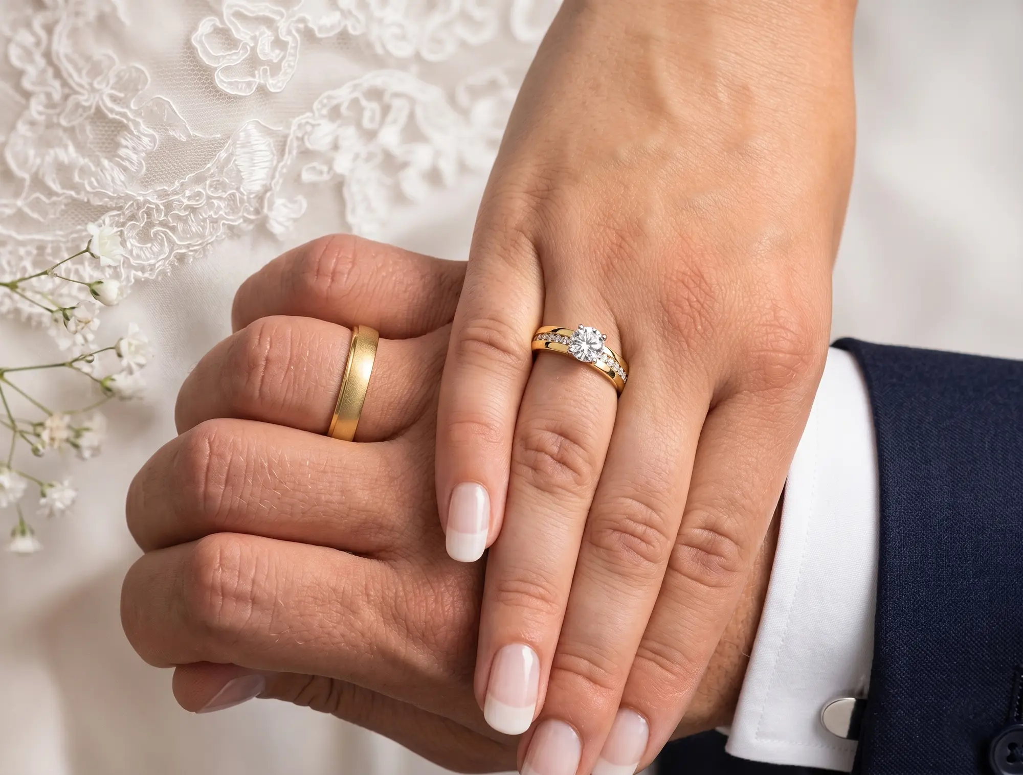 A couple's hands wearing a KYRA diamond engagement ring and gold band