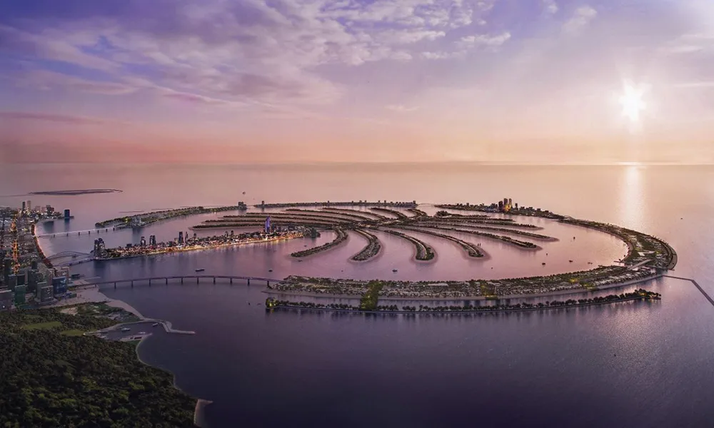 Palm Jebel Ali waterfront development at sunset, Dubai