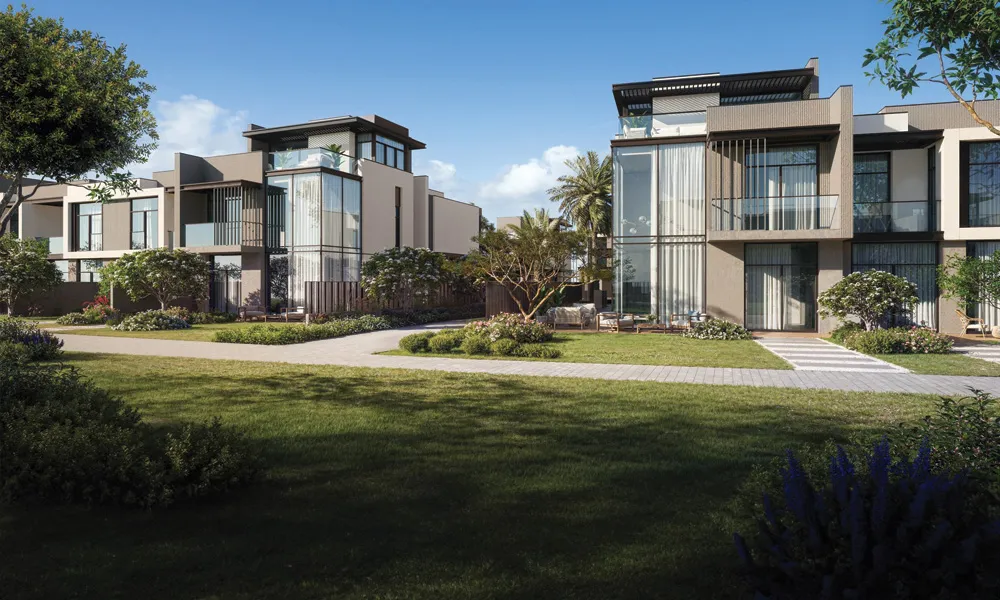 Contemporary villa community surrounded by landscaped gardens