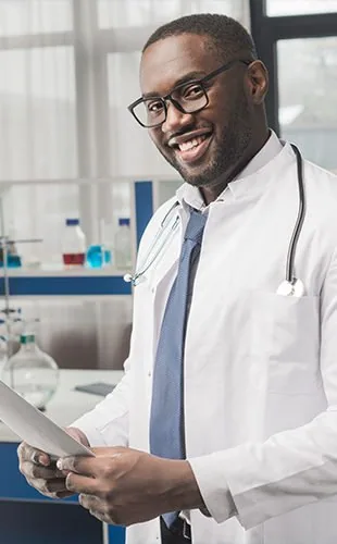 A clinician reviewing patient notes