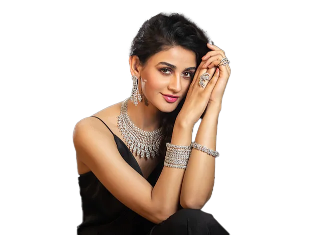 Model wearing a diamond necklace, earrings and bracelet by Indus Jewellery