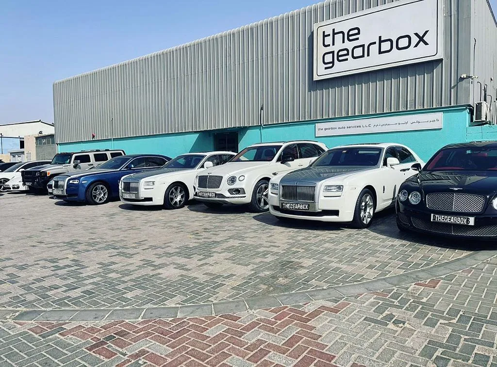 Rolls-Royce and Bentley fleet outside the gearbox workshop in Al Quoz