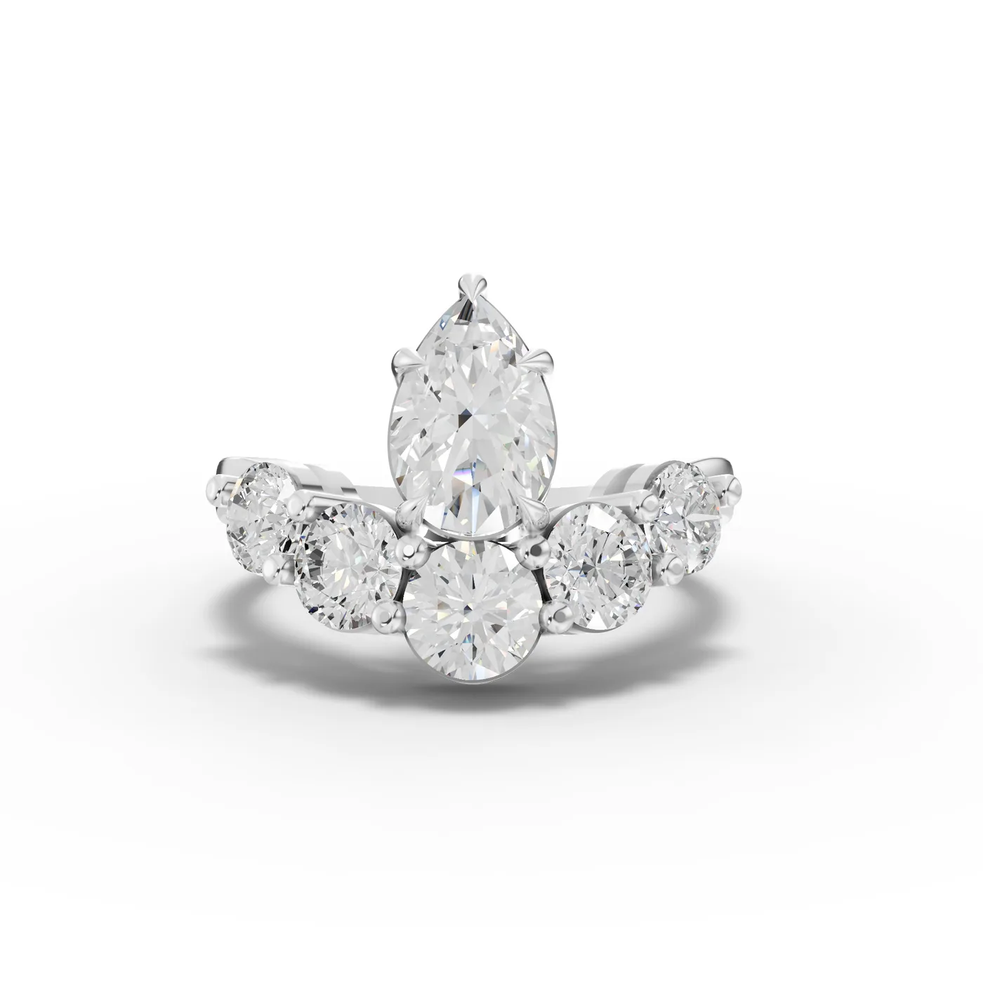 A pear-cut lab-grown diamond ring on a five-stone band