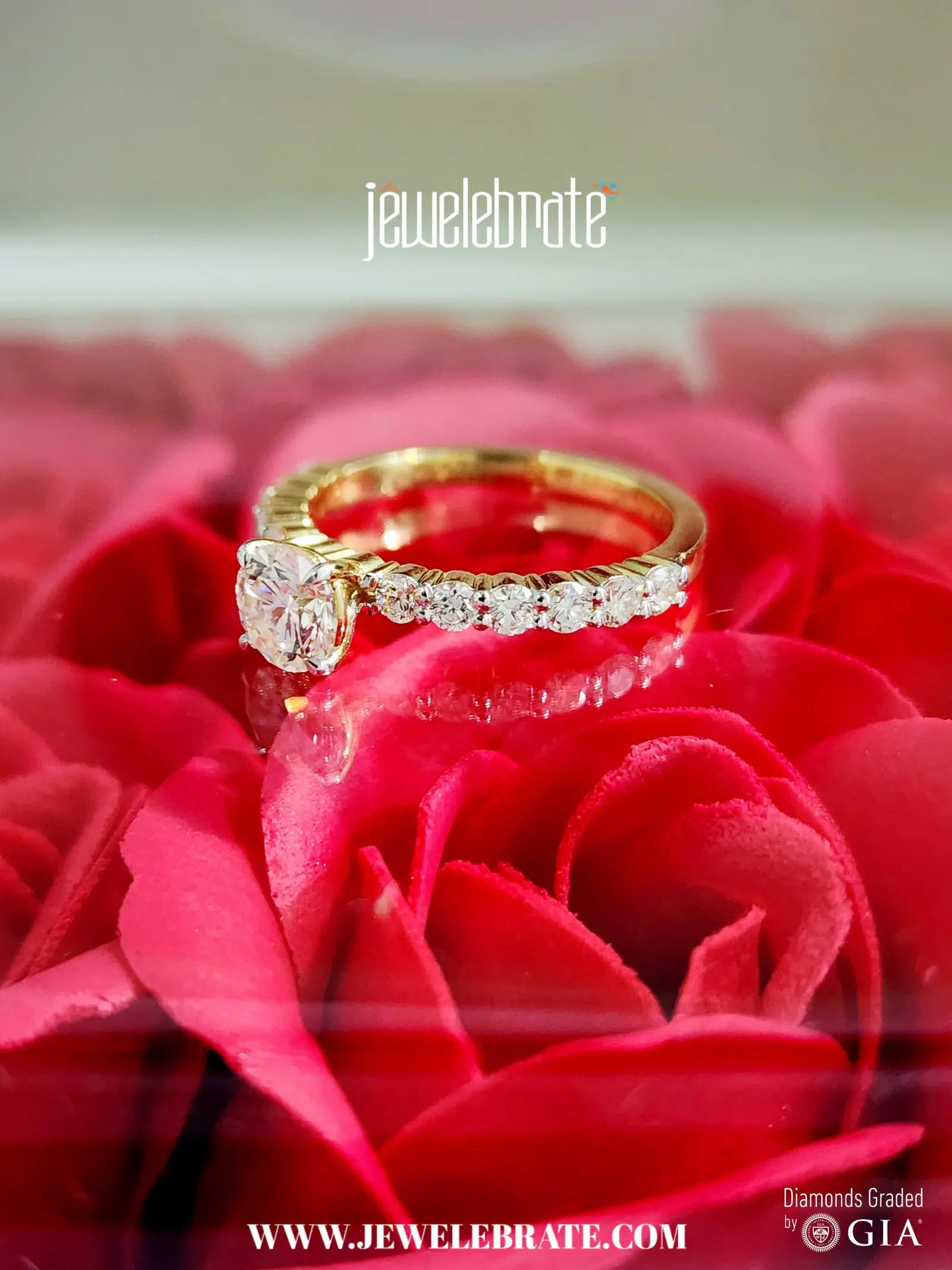 Round diamond solitaire engagement ring with a pavé band.