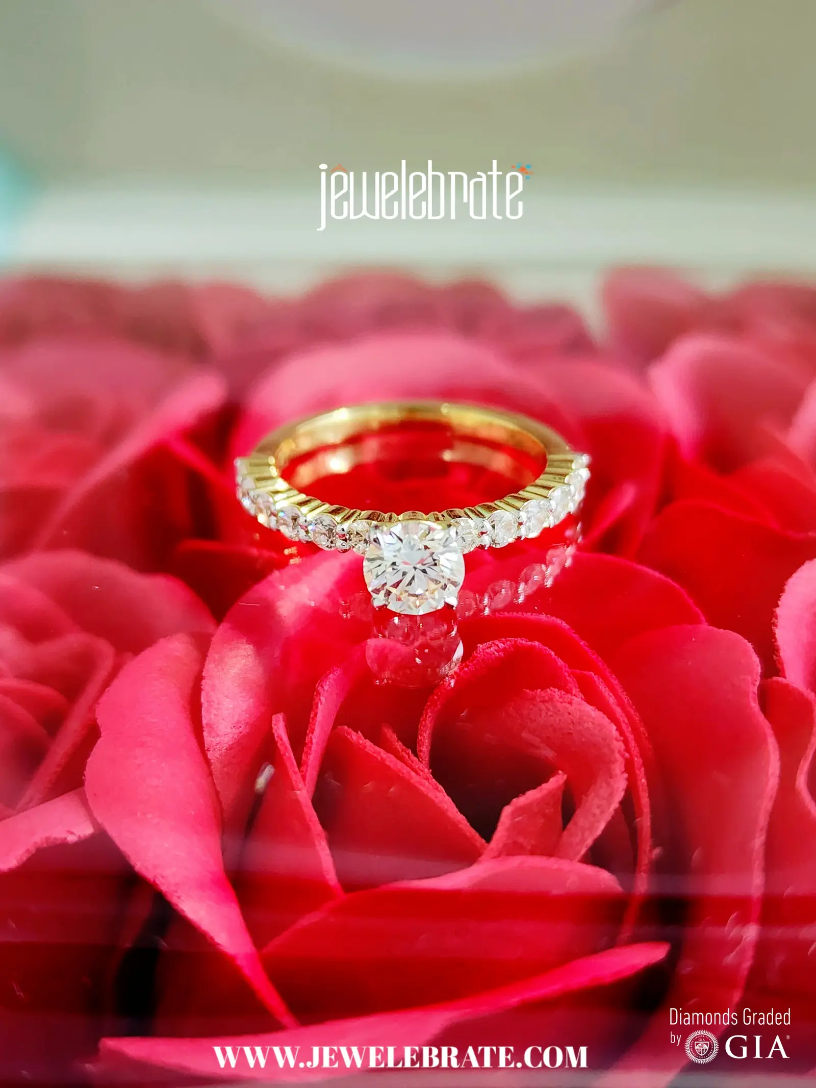 A diamond engagement ring photographed close up.