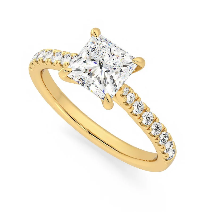 Princess-cut trellis pavé ring.