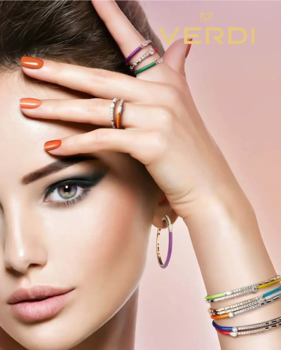 Coloured enamel and diamond rings and bangles