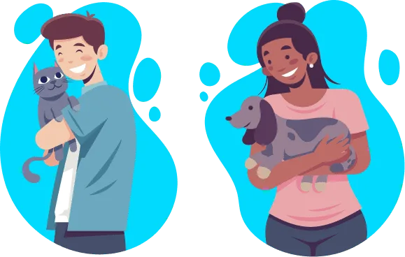 Happy pet owners holding their cat and dog