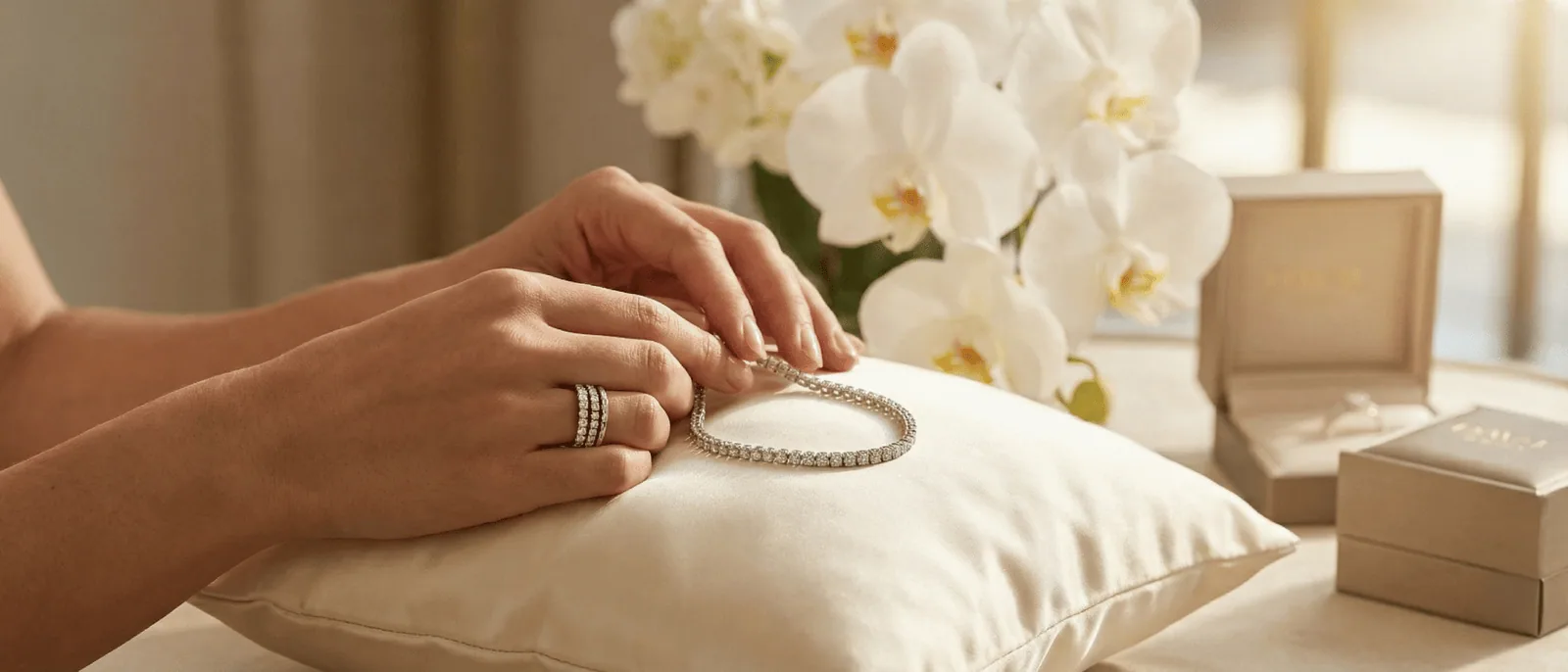 Hands arranging a diamond tennis bracelet on a satin cushion