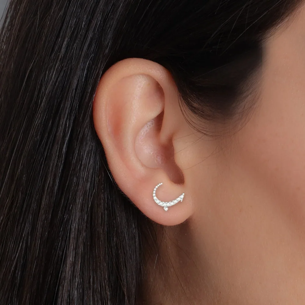 Diamond-set crescent moon stud earring