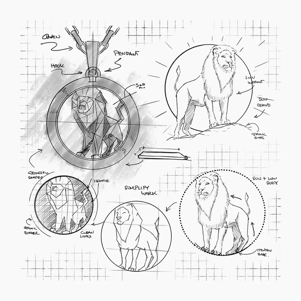 Hand sketches exploring a geometric lion pendant design.
