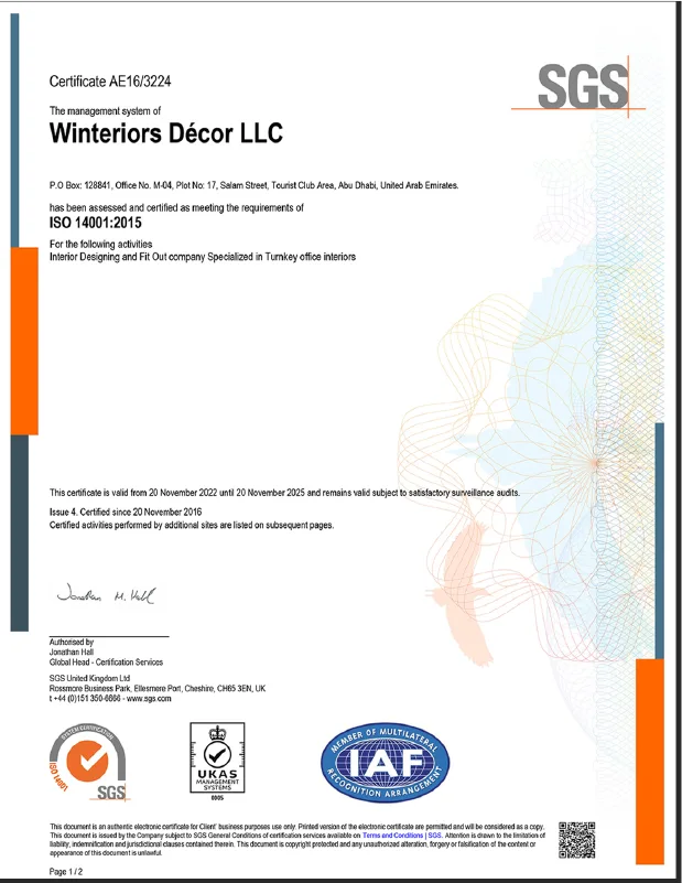 ISO 14001:2015 certificate issued to Winteriors Decor LLC by SGS