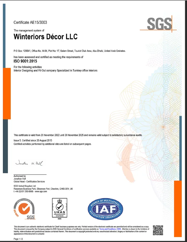 ISO 9001:2015 certificate issued to Winteriors Decor LLC by SGS