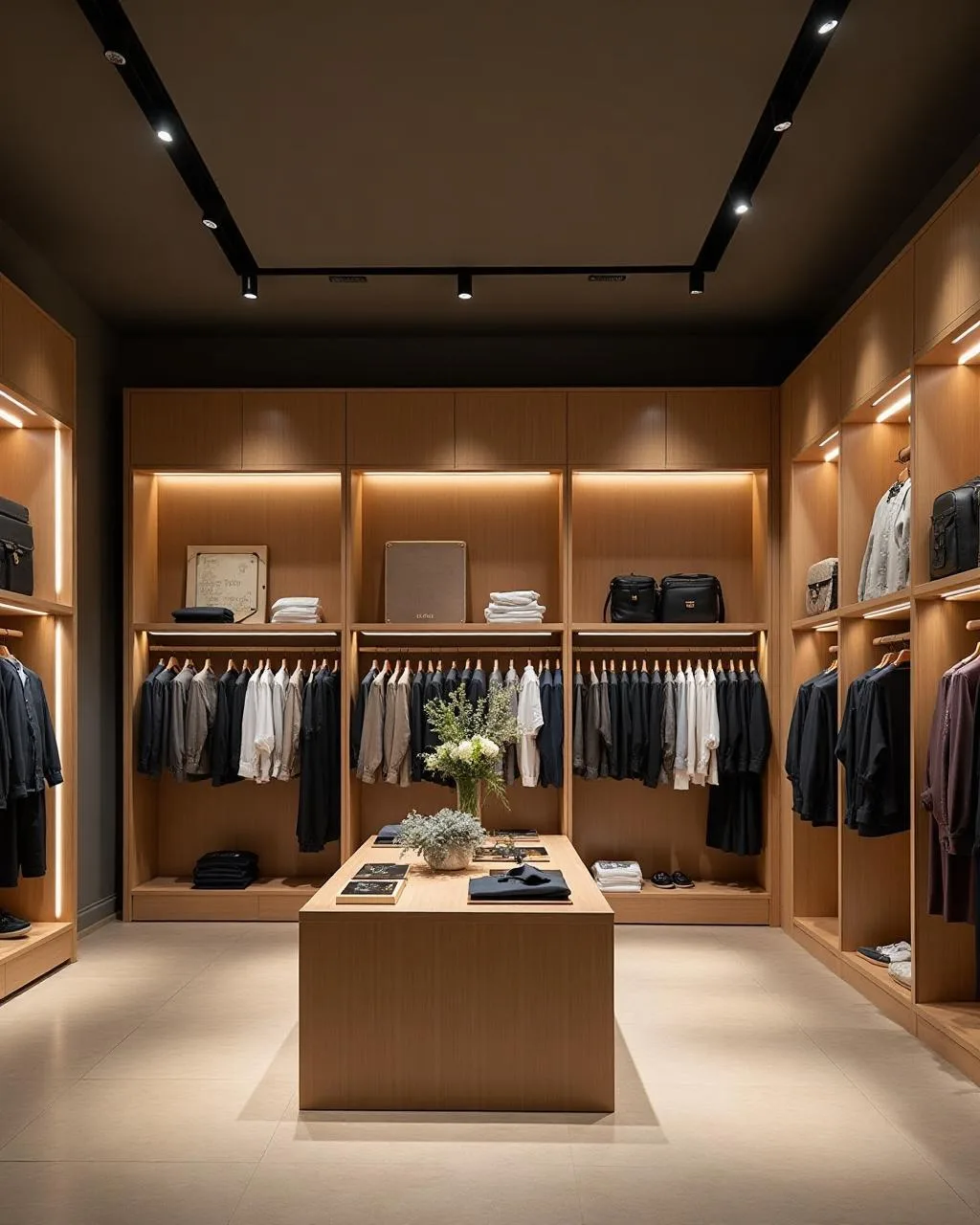 Boutique retail interior with warm wood shelving and feature lighting