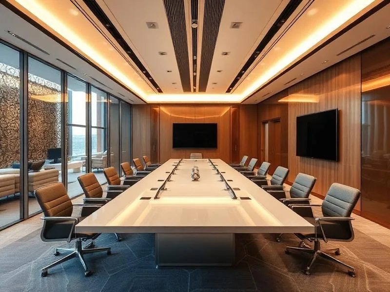 Corporate office interior with boardroom and warm timber detailing