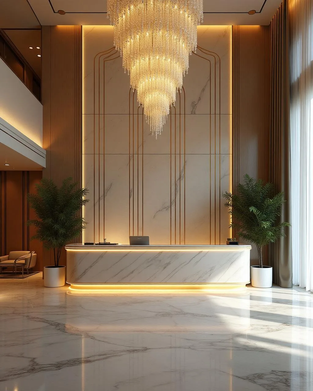 Hospitality hotel lobby with marble reception and statement chandelier