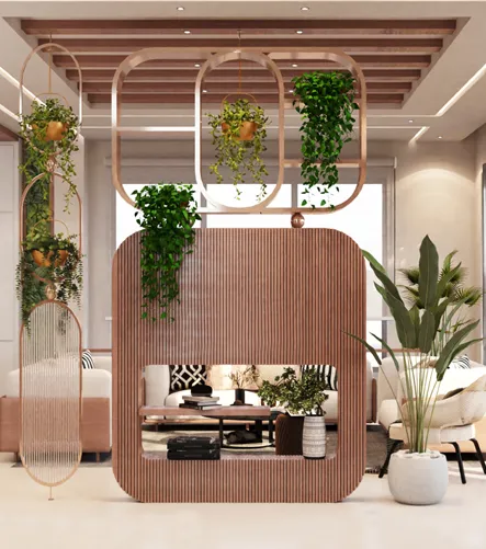 Hospitality lounge with curved timber-slat partition and hanging greenery