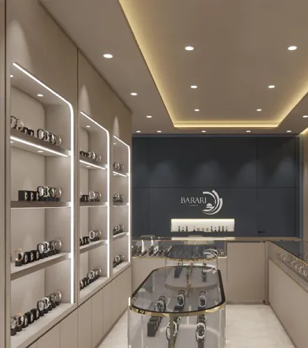 Retail showroom fit-out with illuminated display joinery and central island
