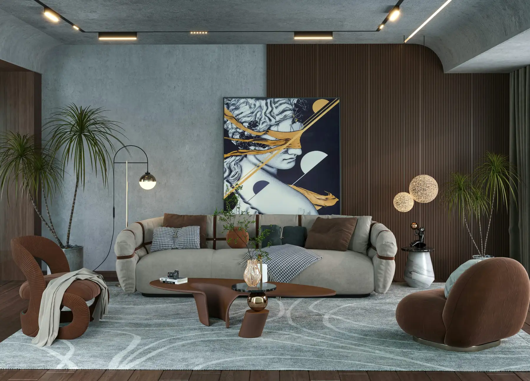 Modular Interiors fit-out — contemporary Dubai living room with timber panelling