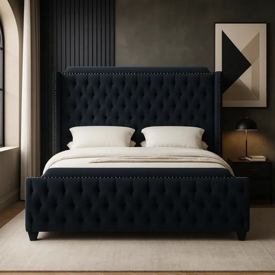 Upholstered navy bed styled in a modern bedroom