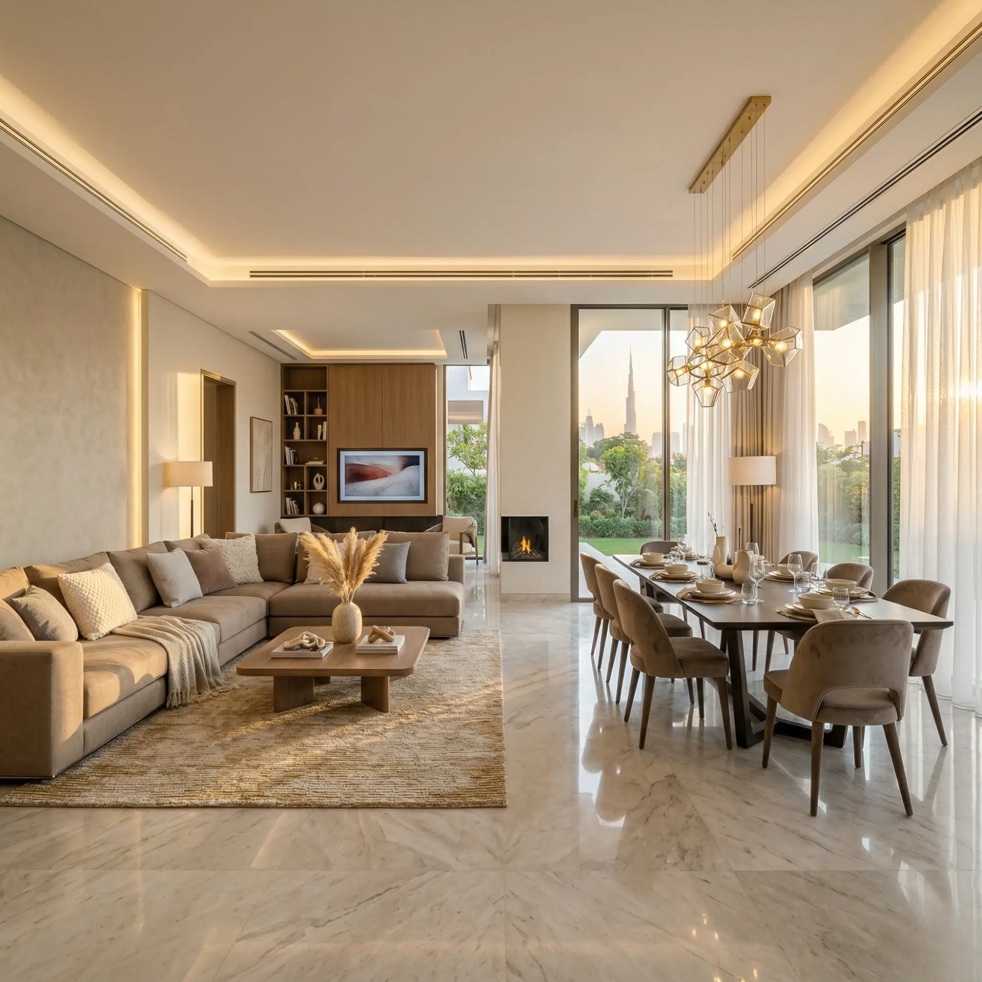 Luxury open-plan living and dining room in a Dubai villa with skyline view