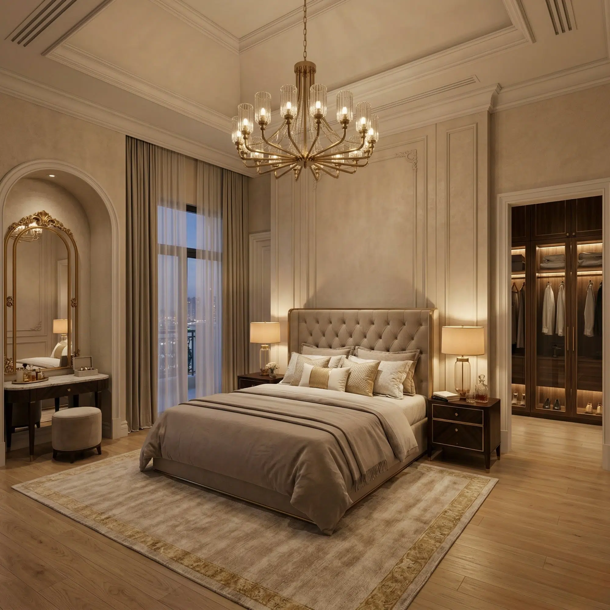 Renovated bedroom with chandelier in a Dubai villa