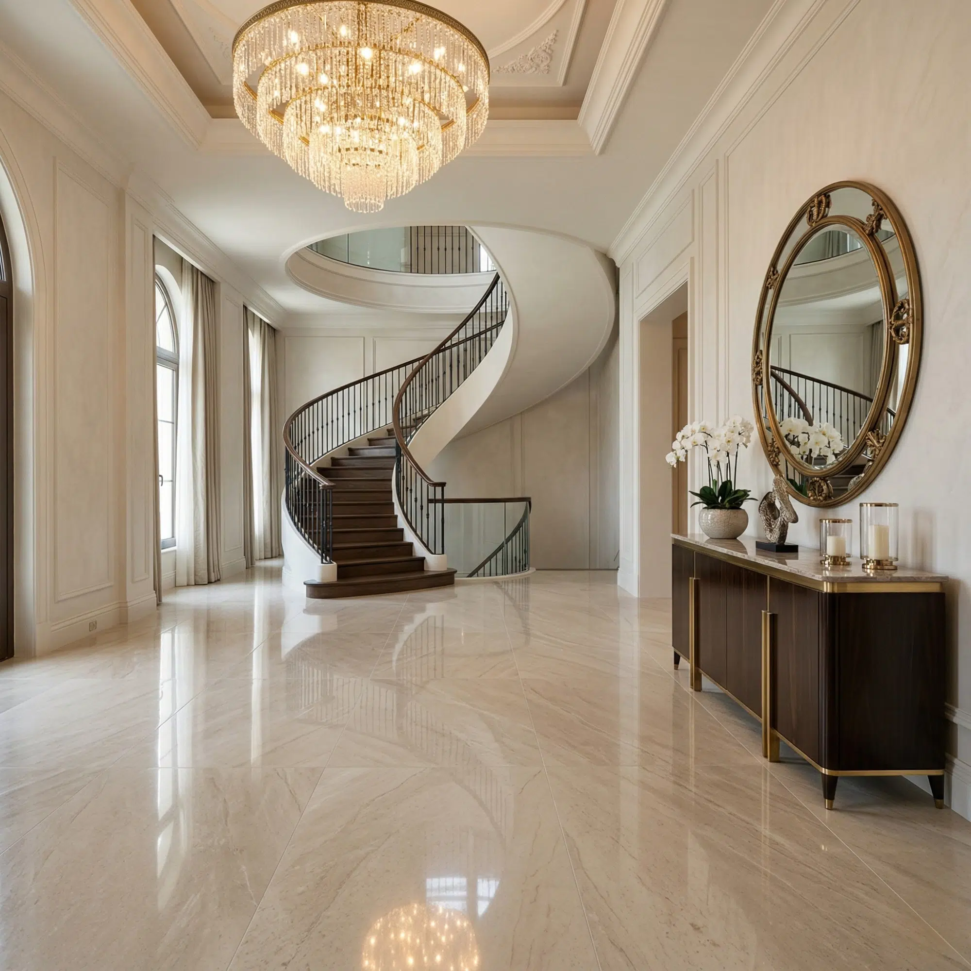 Grand renovated foyer with spiral staircase and chandelier