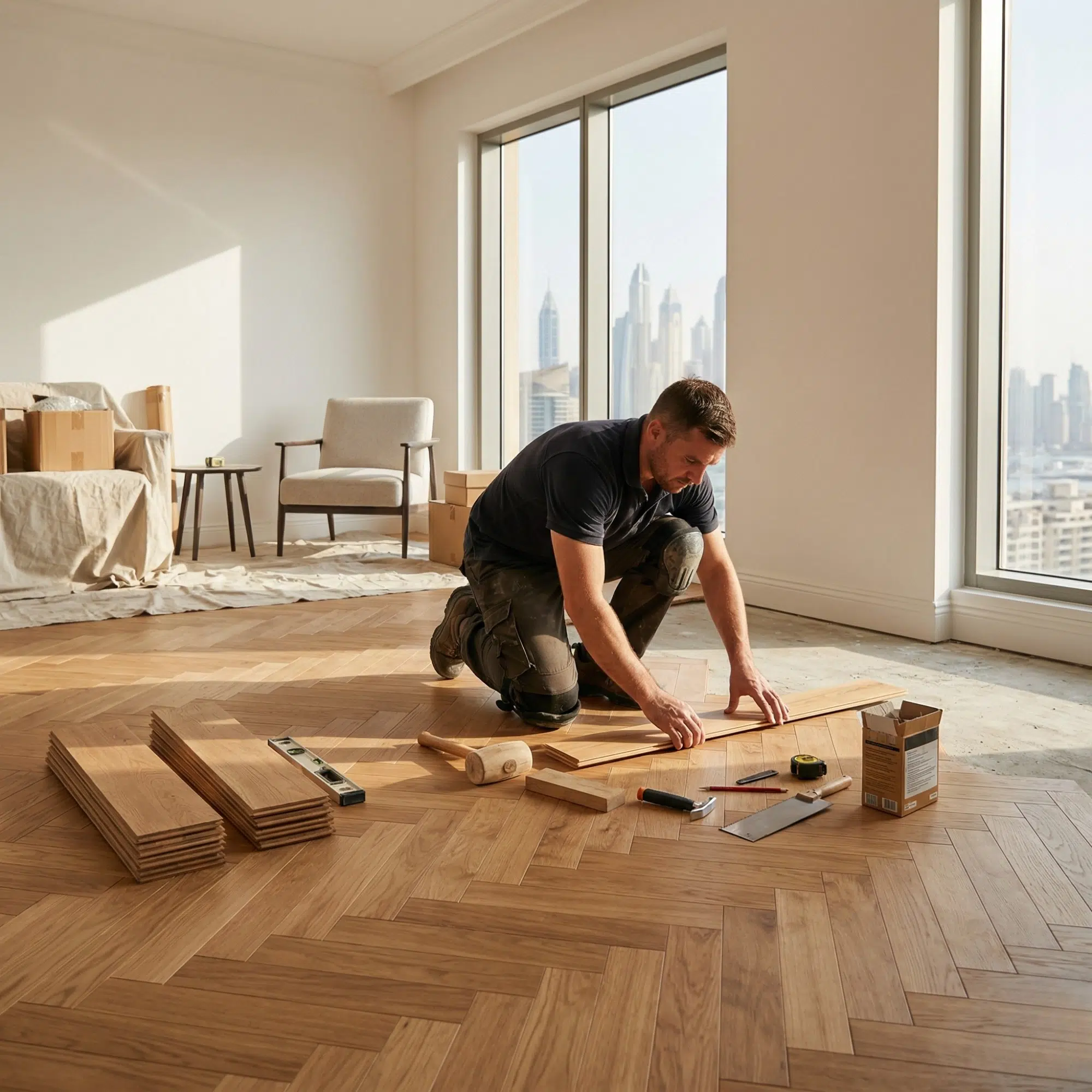 Fit-out in progress — herringbone parquet being installed in a Dubai apartment