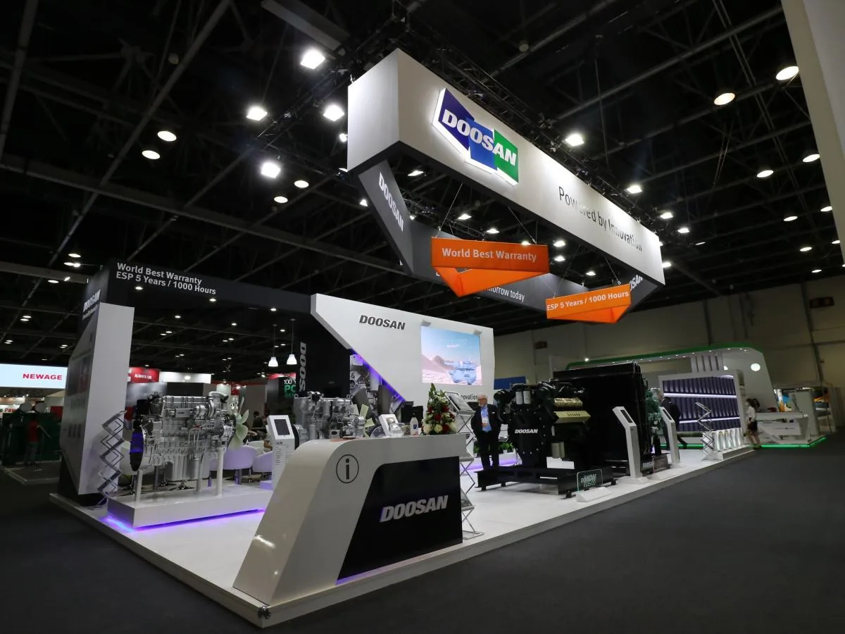 A large custom DOOSAN exhibition stand built by Regal Exhibitions