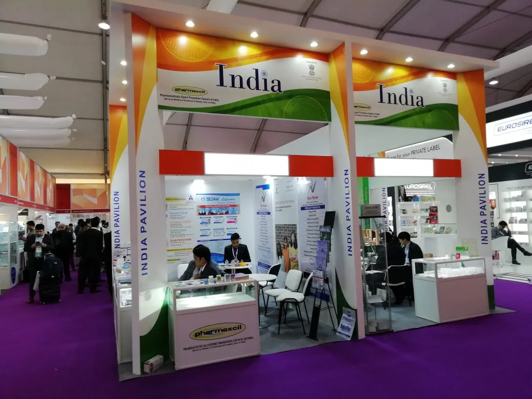 India country pavilion with tricolour branding and multiple exhibitor booths