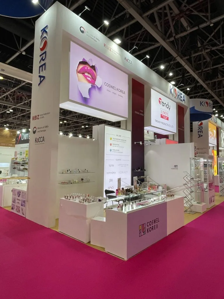 Coswel Korea cosmetics stand interior with display shelving and lighting