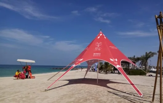 Branded star tent set up on a Dubai beach