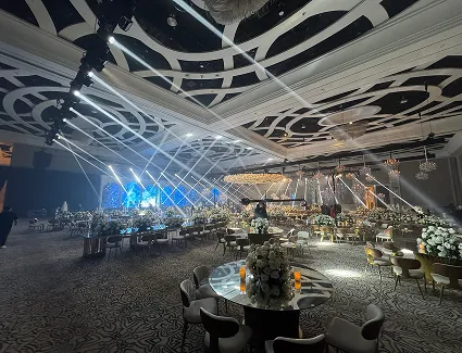 Wedding ballroom with patterned gobo ceiling lighting and round tables