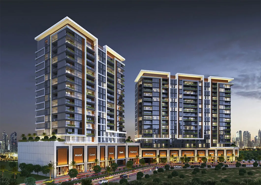 Dusk render of a mixed-use residential development with retail podium and the Dubai skyline beyond