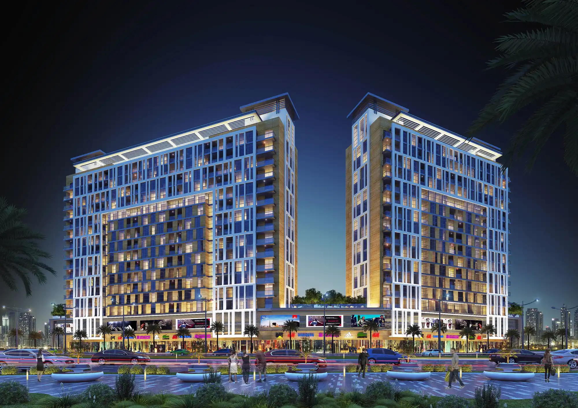 Residential towers illuminated at night