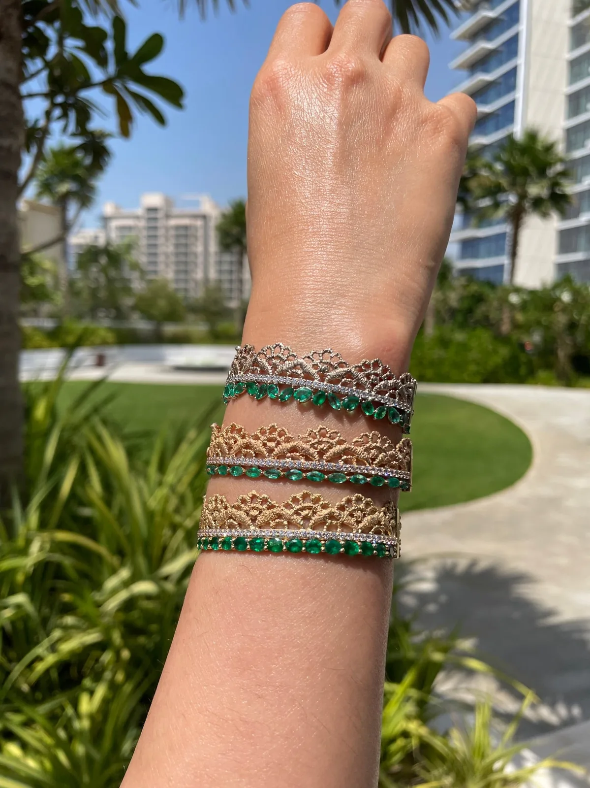 Gold Lace Woven emerald earrings